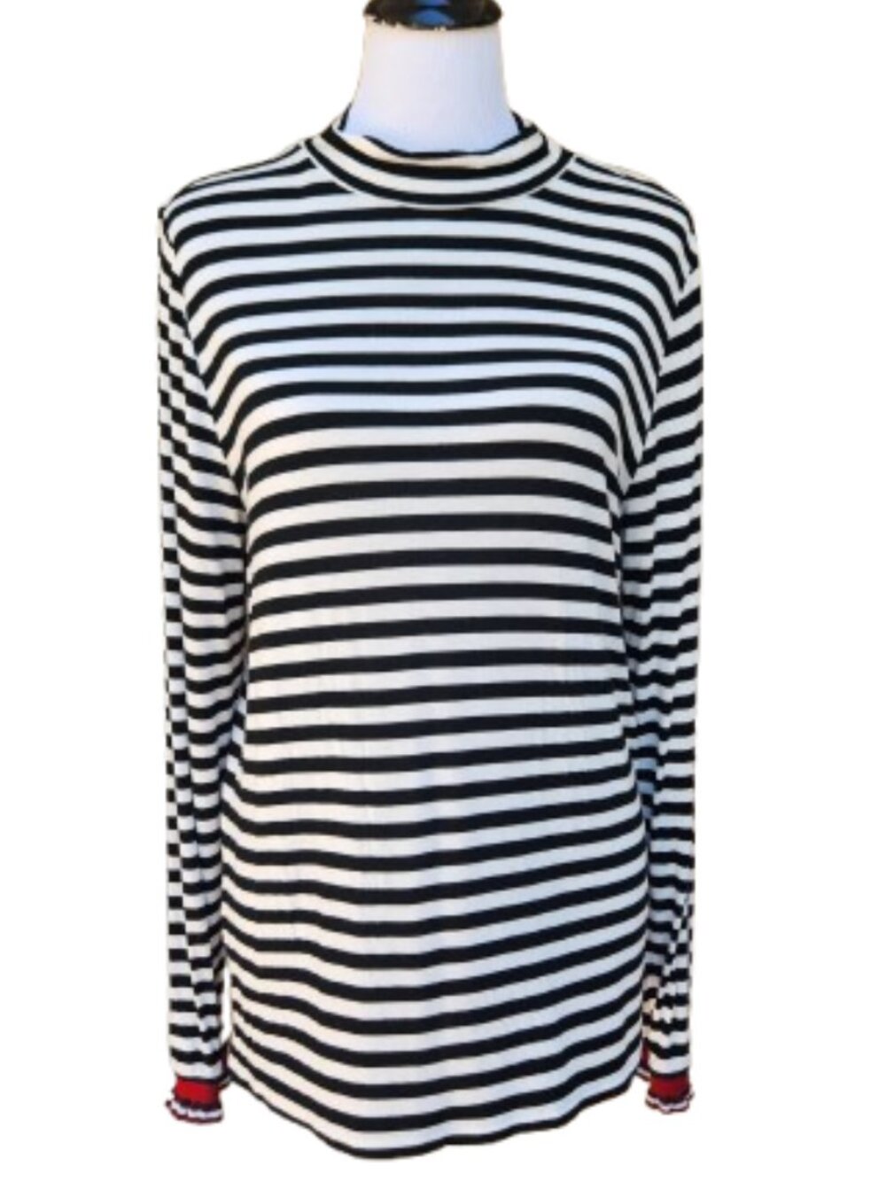 LOFT Mockneck Stripe Long Sleeve Top 516575 Black White Sparkle Red Trim